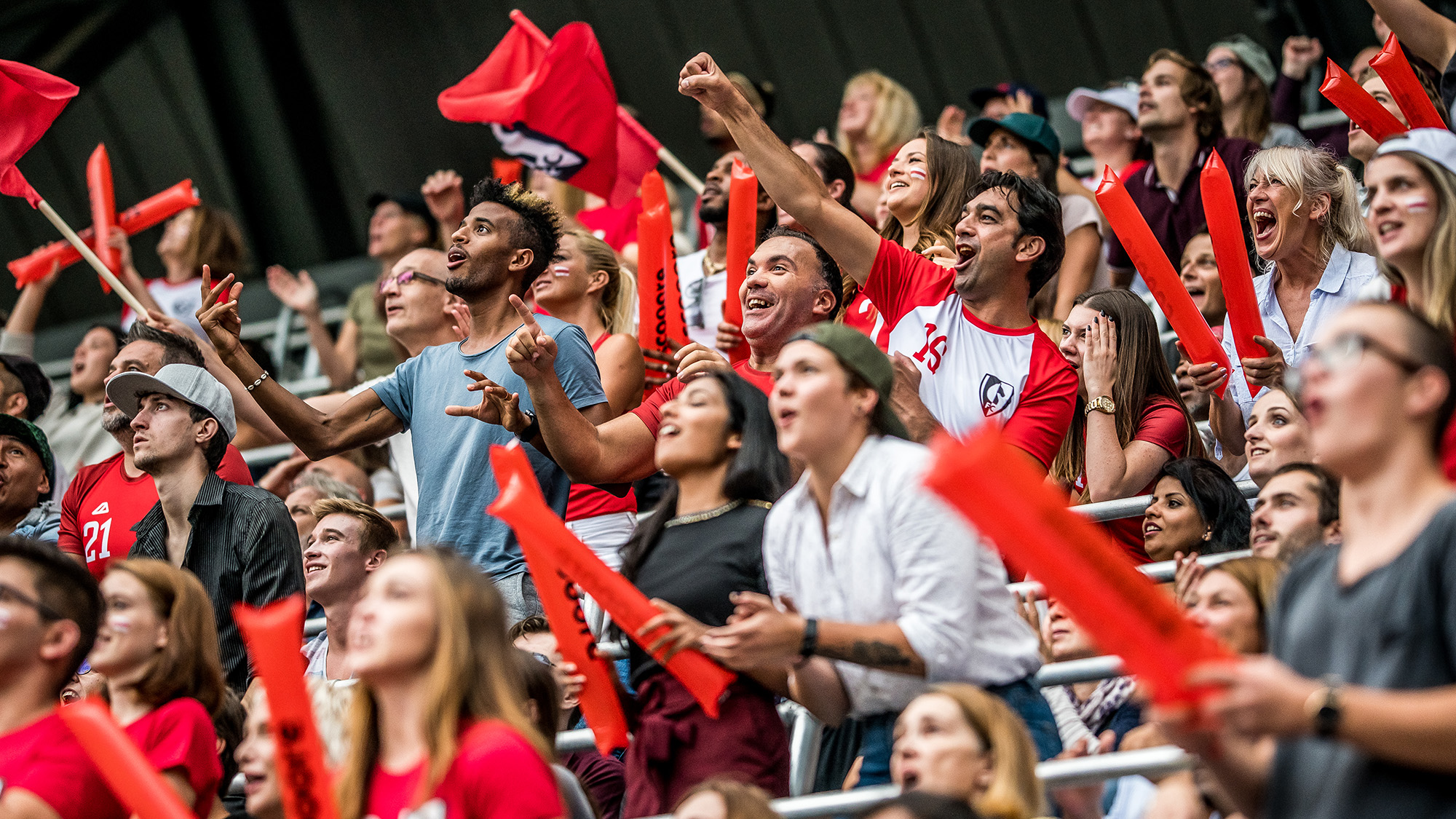 Excited crowds on a sports stadium